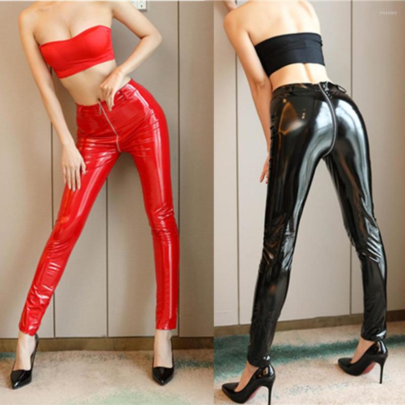 

Women's Leggings Women Sexy Shiny PU Faux Leather Wet Look Latex Zip Open Crotch Skinny Pants Street Girl Costume, Black