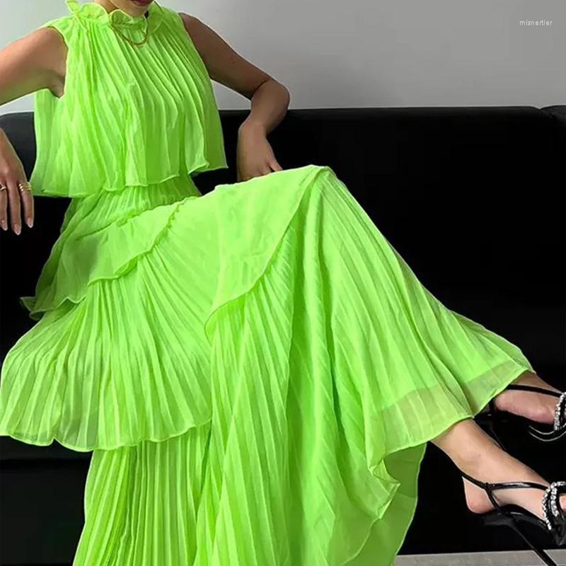 

Casual Dresses Women Elegant Loose Pleated Long Party Dress Ladies Summer Sexy Sleevelss Fashion High Street Cascading Ruffle Maxi, 01 green