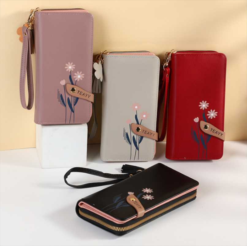 

Wallets 2023 Fashionable PU Material Charm Women's Portable Wallet Girls Zipper Flower Embroidery Long Tassel Postcard Card Bag, Black