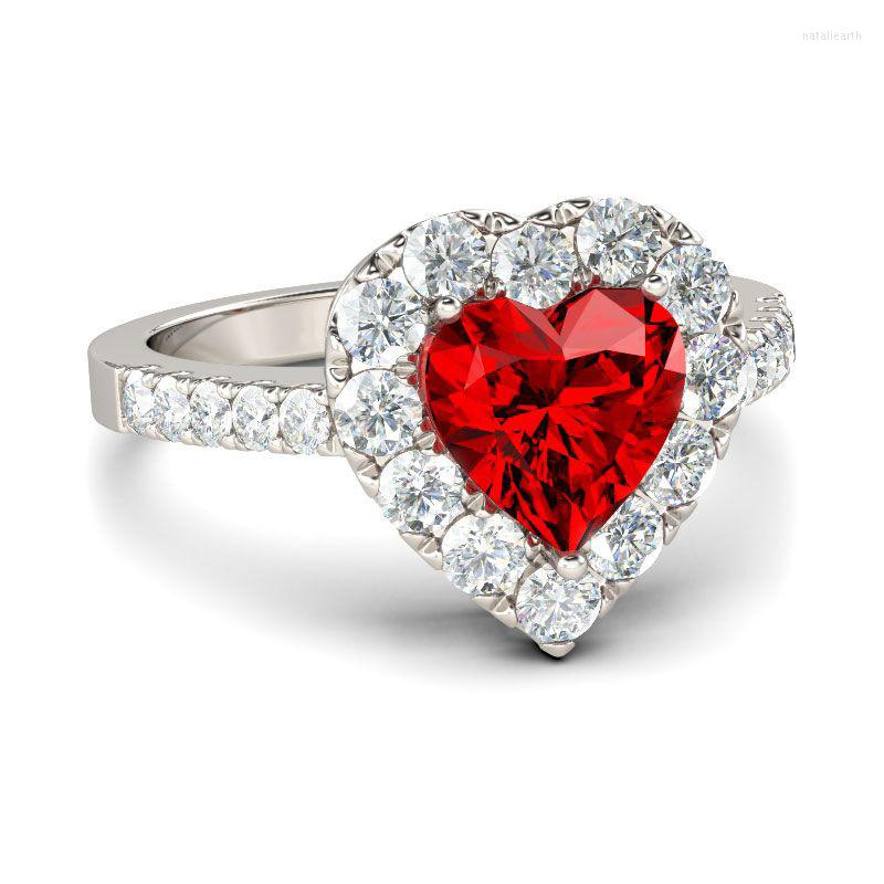 

With Side Stones Heart Shape Ring 925 Sterling Silver Red Cz Promise Wedding Band Rings For Women Bridal Fashion Party Jewelry