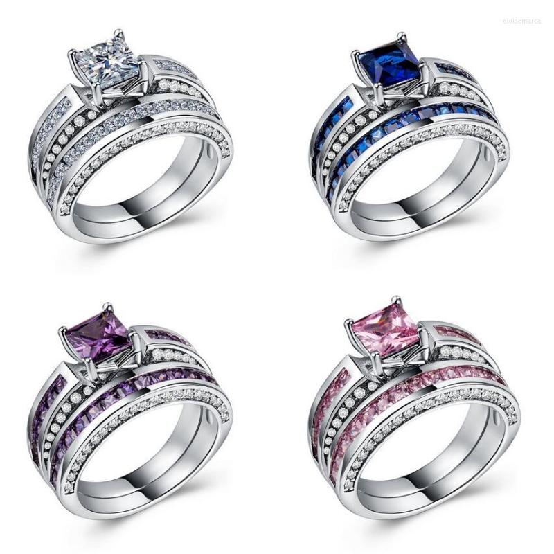 

Wedding Rings 2023 Top Selling Wholesale High Quality Luxury Jewelry 10KT White Gold Fill Princess Cut Multi Color CZ Bridal Ring Set