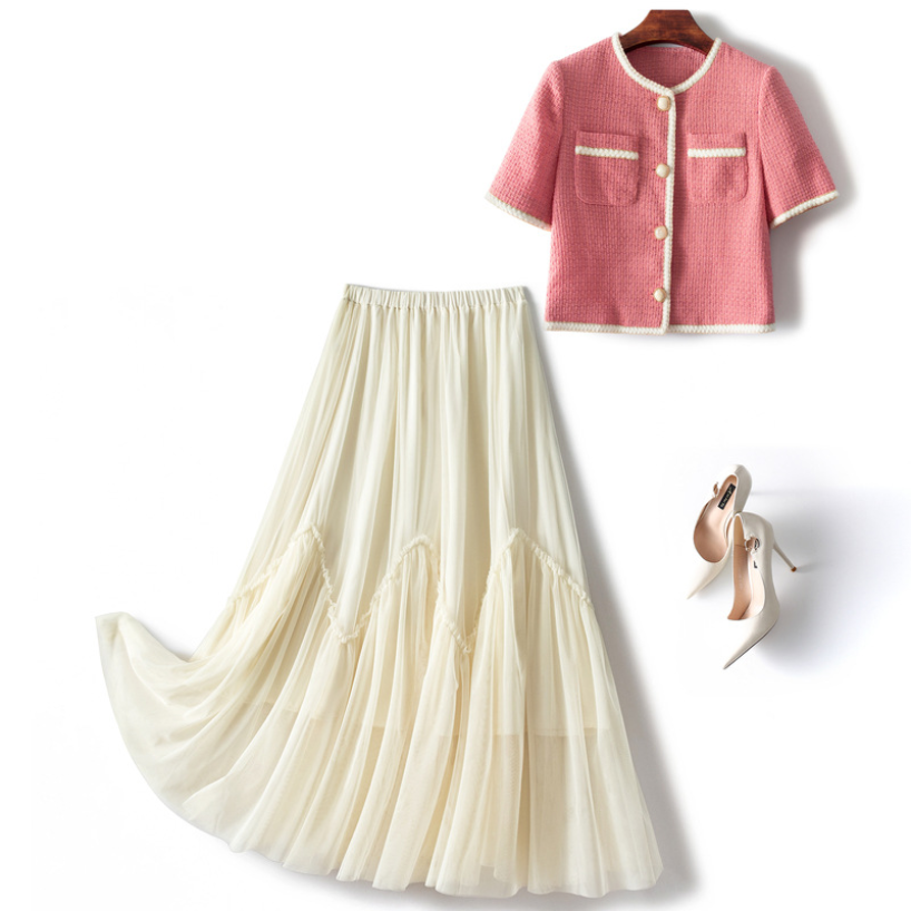 

Spring Short Sleeve Two Piece Skirt Round Neck Pink Contrast Color Single-Breasted Pockets Top & Tulle Panelled Mid-Calf Suits 2 Pieces Set 22G0985875