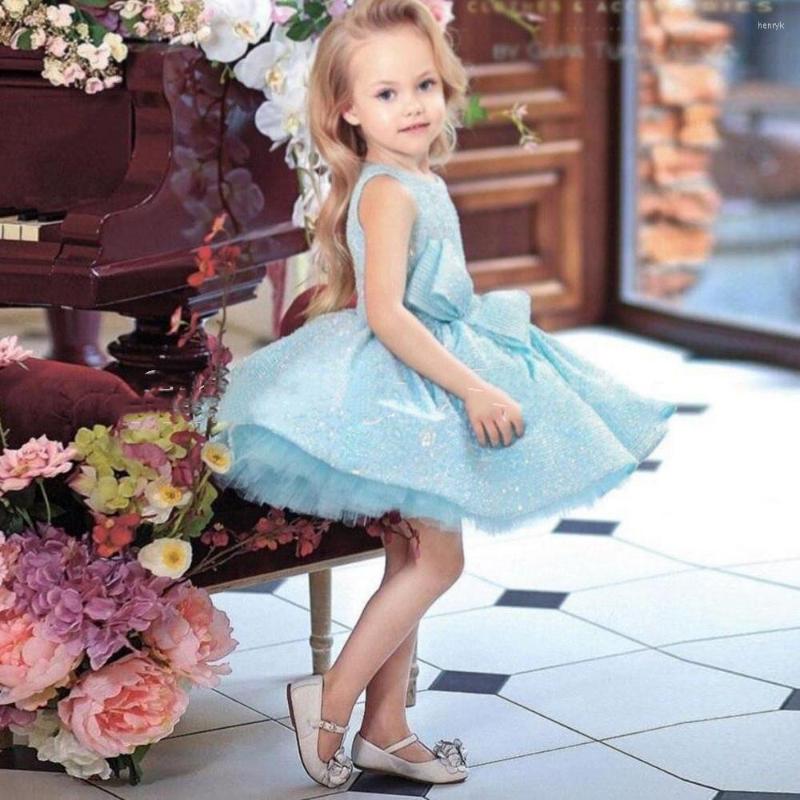 

Girl Dresses Lovely Light Blue Flower Dress O Neck Sleeveless Sequin Ball Gown Party For Girls Big Bow Pageant Gowns, Gray