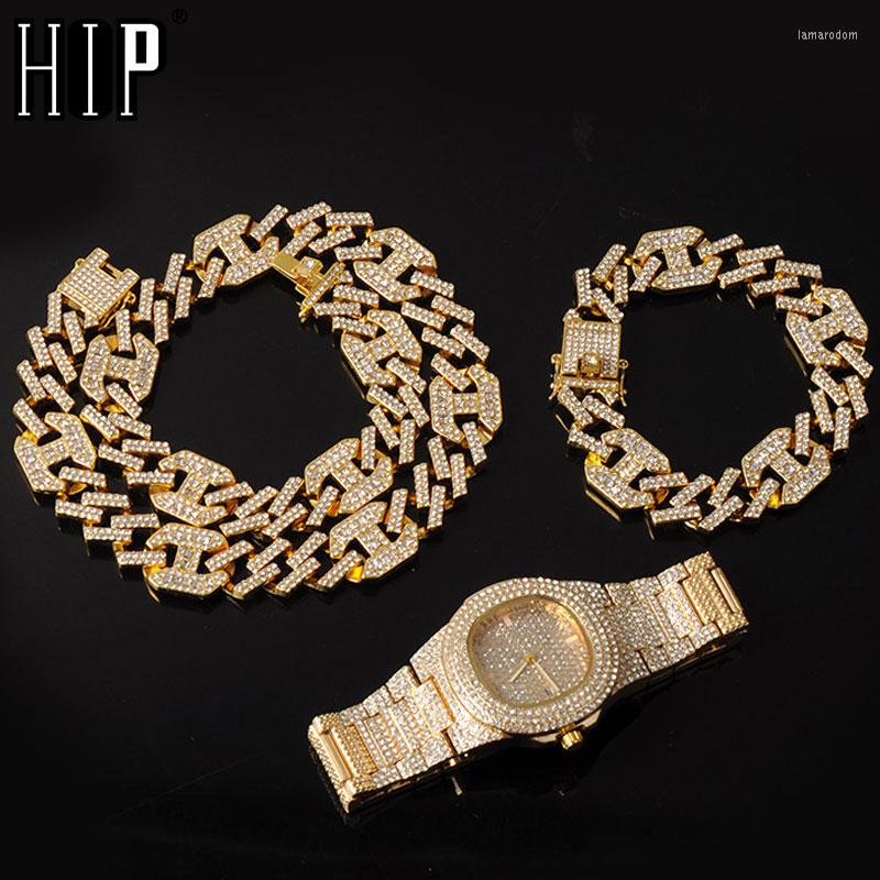 

Chains Hip Hop Necklace Watch Bracelet Iced Out Alloy Rhinestones Coffee Bean Prong Cuban Chain For Men Jewelry