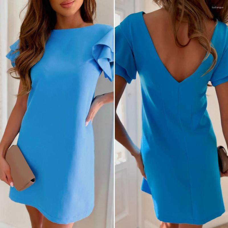 

Casual Dresses O-Neck V-shaped Backless Simple Mini Dress Sweet Solid Color Ruffles Sleeve Shift Female Clothes, Blue