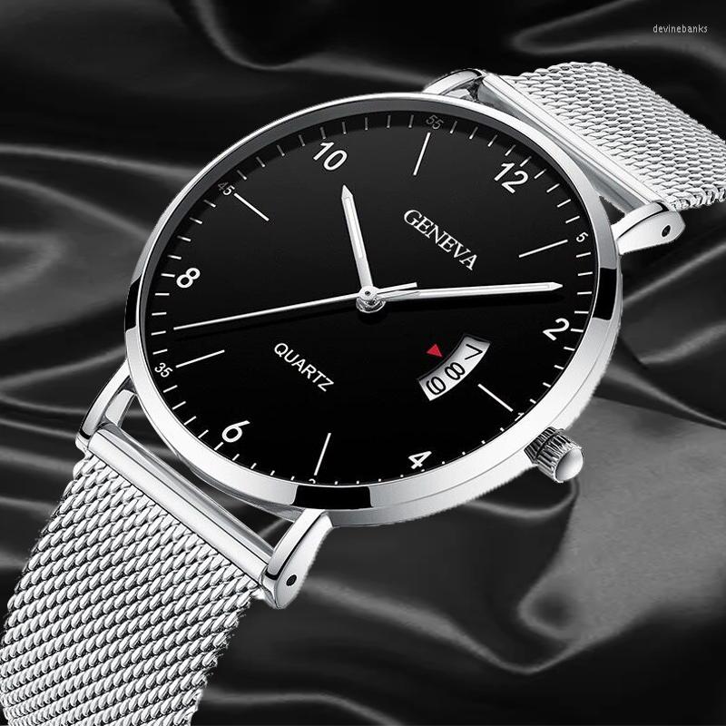 

Wristwatches Simple Style Watch For Men Silver Stainless Steel Quartz Watches Business Leather Calendar Fashion Man's Clock Relogio, Leather 1