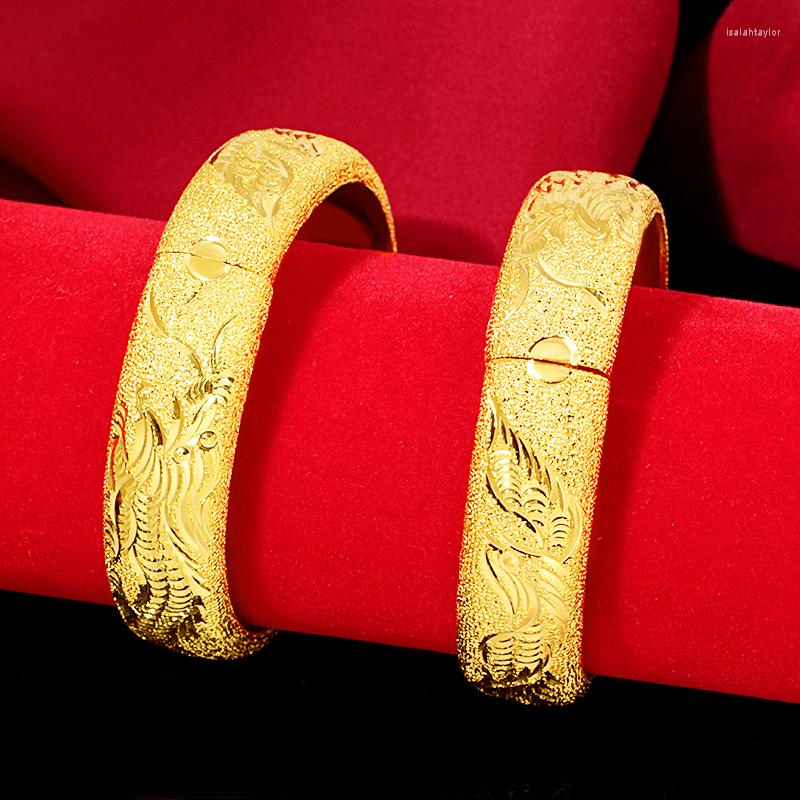 

Bangle 24K Gold Plated Double 15m Happy Dragon Phoenix Bracelet For Women Bride Classic Wedding Engagement High Jewelry Gift