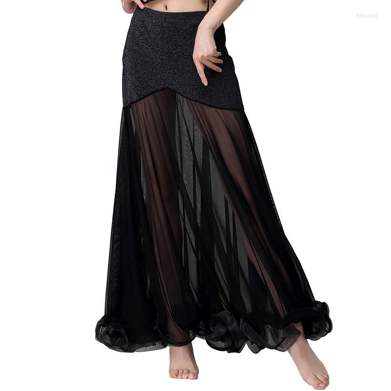 

Stage Wear Women Dance Spandex Transparent Yarn Maxi Long Skirts Full Circle Belly Skirt Costume Accessories, Black