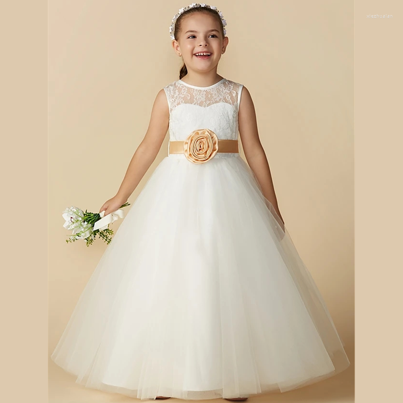 

Girl Dresses Princess Ankle Length Flower Wedding Lace Sleeveless Jewel Neck With Sash / Ribbon First Communion, Ivory