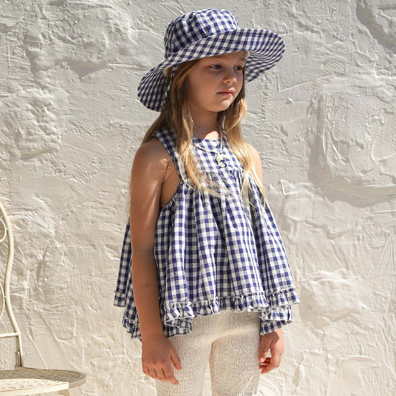 

T shirts Retro Plaid Girls Sleeveless Pleated Tops Summer Pastoral Style Cotton Casual Loose Children s T Shirts TZ148 230317, Black