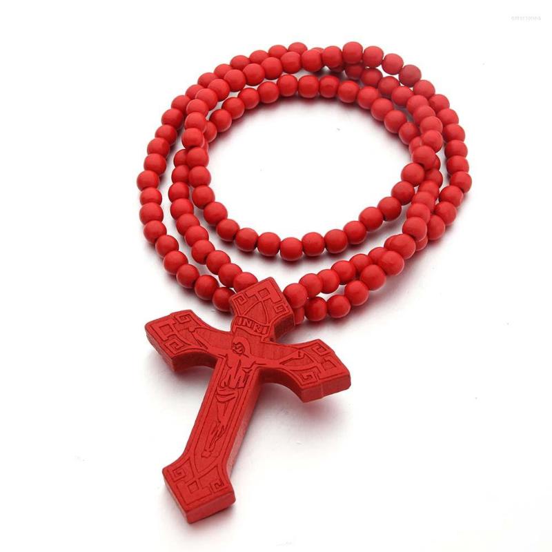 

Pendant Necklaces Black Red Wooden Jesus INRI Cross Wood Bead Carved Rosary Necklace For Men Christian Religious Jewelry Gift