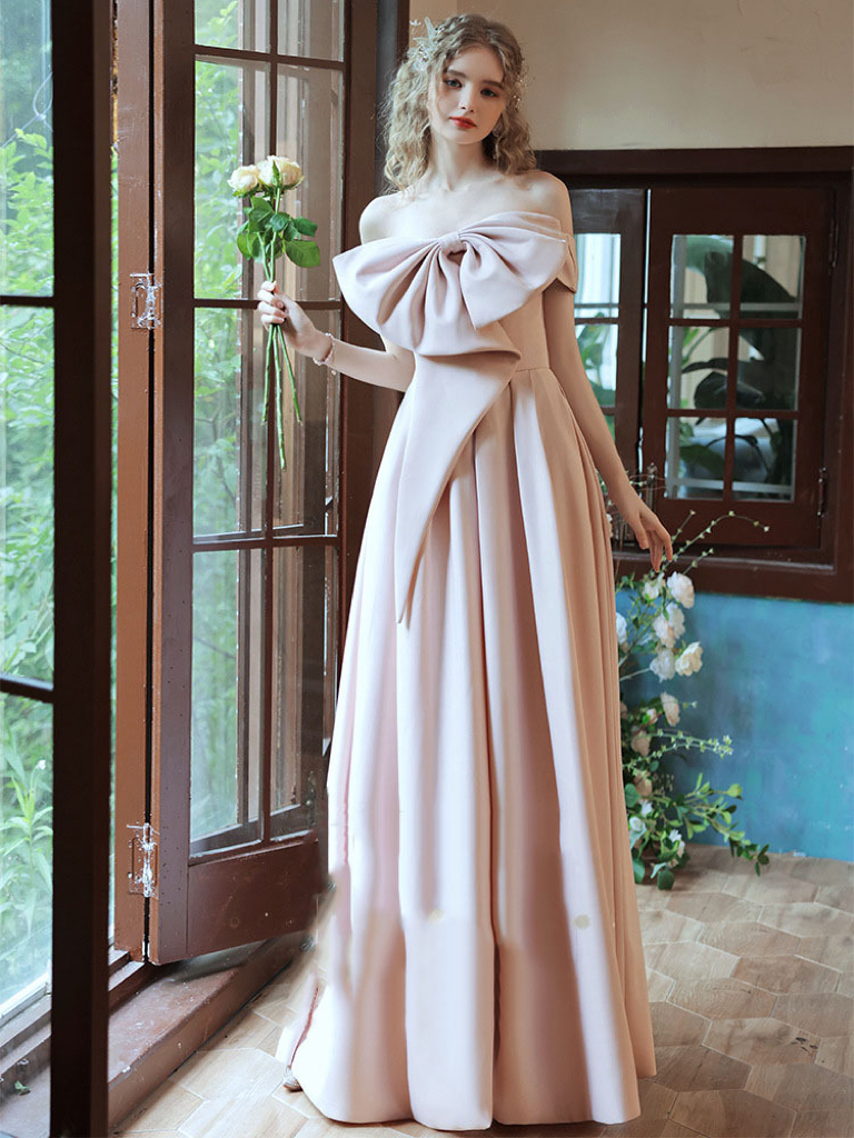 

Elegant Pink Satin Prom Dresses Bow Strapless One-Shoulder A-Line Sleeveless Simple Pleat Woman Host Evening Formal Party Gowns