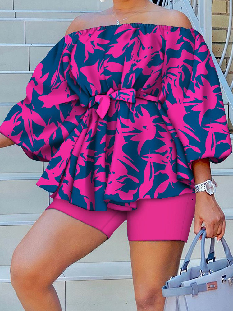 

Womens Two Piece Pants Women Summer Matching Set Loungewear Slash Neck Three Quarter Puff Sleeve Short 2PCS Outfit Hollow Out Printed Suits Streetwear 230316, 03 print