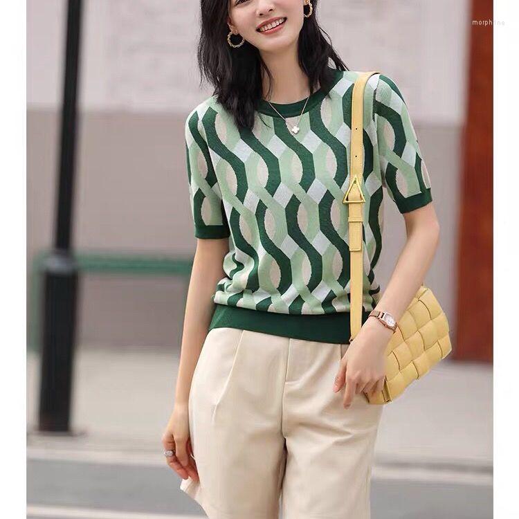 

Women' T Shirts Women 2023 Summer Fashion Ice Silk Knitted Sweater Tops Female Short Sleeve Stripe Ladies O-neck Loose Thin T-shirt Q33, Green