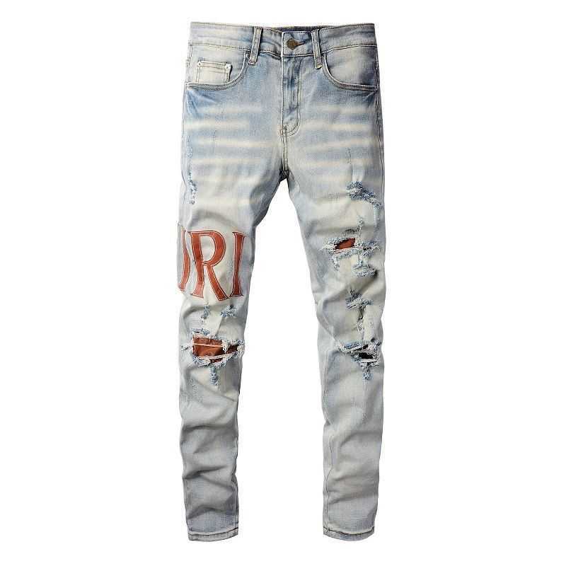 

Jeans Mens Am1r1 Trousers Pants Mirri Ripped Fashion Designer Brand New Men's White Embroidery Patch Elastic Slim Denim Hip Hop High UZKC, 840
