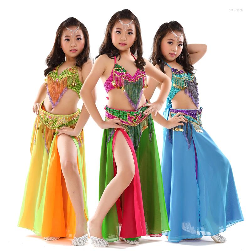 

Stage Wear Kids Performance Belly Dancing Clothes 3-piece Set Oriental Outfit Bra Belt Skirt Girls Beaded Dance Costume #868, Turquoise purple