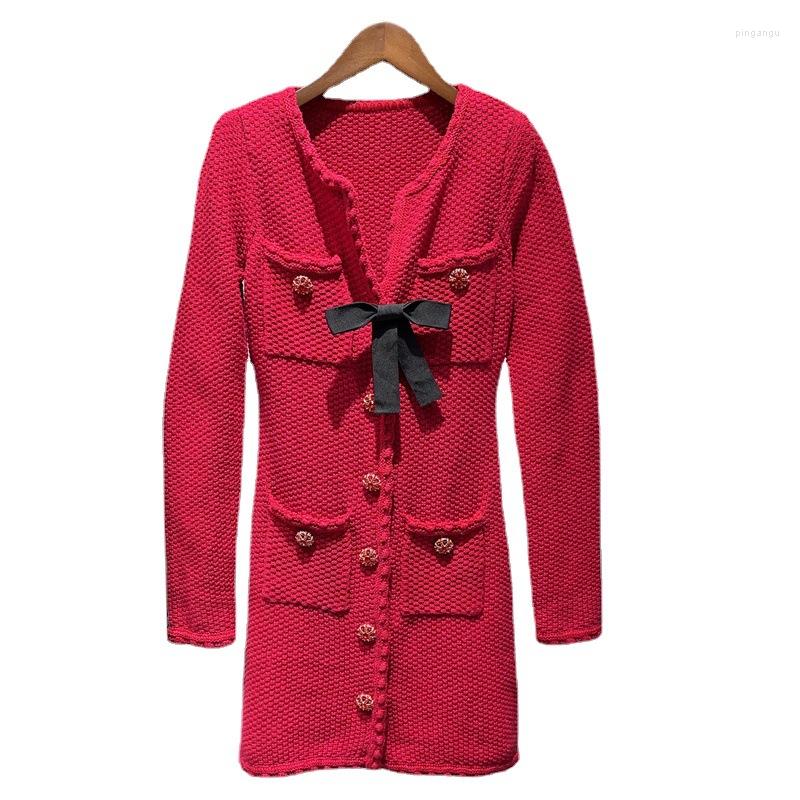 

Casual Dresses 2023 Winter Dress High Quality Wool Knitting Beading Button Pocket Patchwork Long Sleeve Red Sweater, Picture shown
