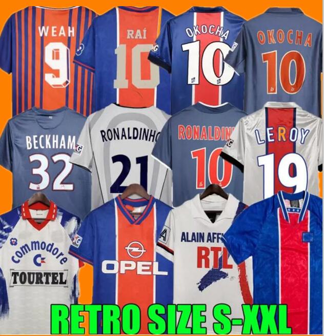 

01 02 03 91 93 94 95 96 psgs Retro Futebol Soccer Jersey Okocha Leroy Beckham 98 99 00 01 90 92 06 07 12 13 Classic Rai Anelka Ibrahimovic Ronaldinho home away fotball shirts