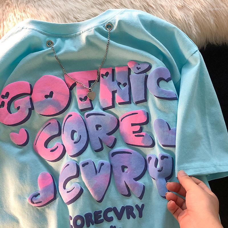 

Women's T Shirts Cotton Men's And Women's Summer Short-sleeved T-shirts Gradient Foam Letter Print Top Streetwear Hiphop Chain, Dark grey