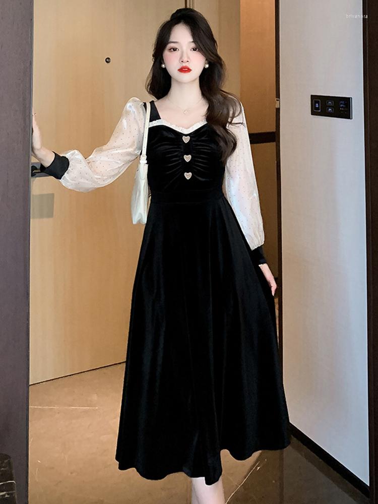

Casual Dresses Autumn Winter Women Evening Dress Velvet Retro Square Collar Slim Midi Party Birthday Street Robe Femme Mujer Vestidos, Black