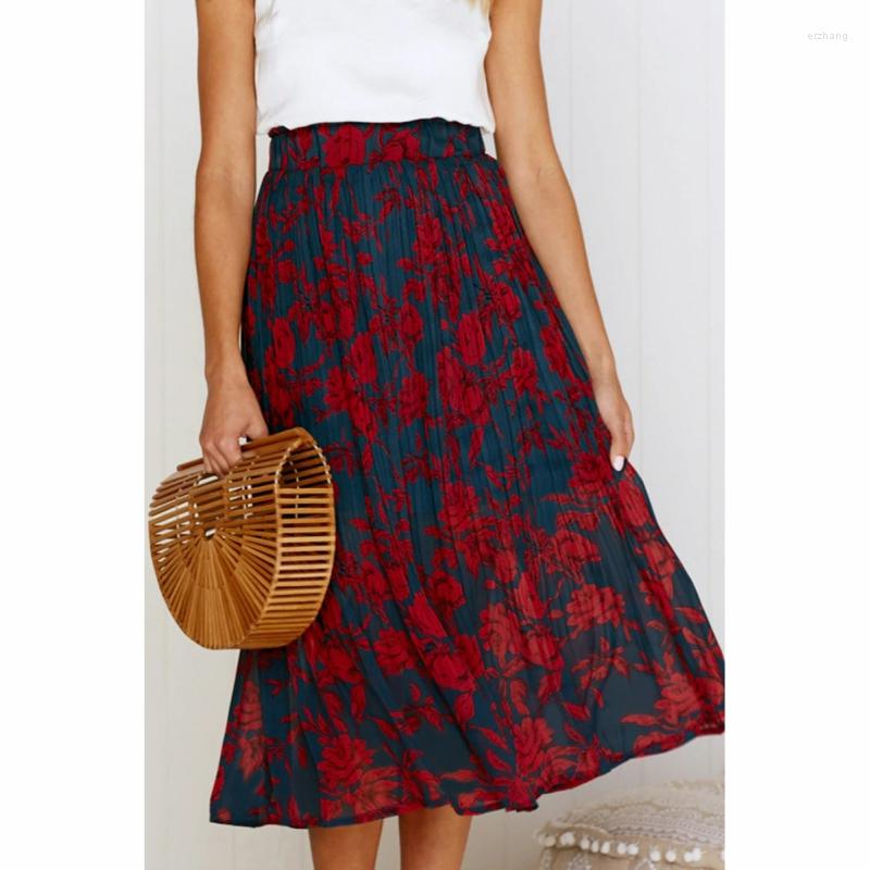 

Skirts Women Elastic High Waist Side Pockets White Dots Floral Print Pleated Midi Skirt Summer 2023 Elegant Female Bottom, Red