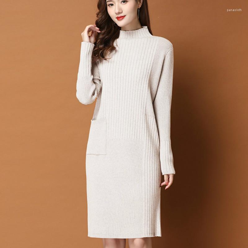 

Casual Dresses Autumn Winter Lady Women Turtleneck Warm Sweaters Dress Long Sleeve Knitted Pullover, Khaki