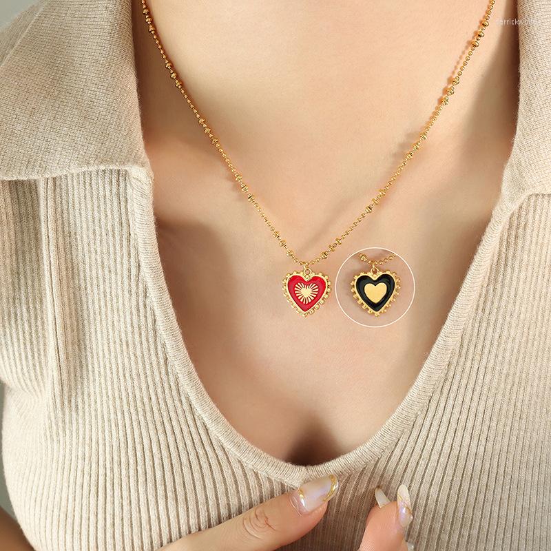 

Pendant Necklaces AB Side Red Black Enamel Heart Necklace For Women Luxury Stainless Steel Love Chain Jewelry Girls Gift Korean Fashion