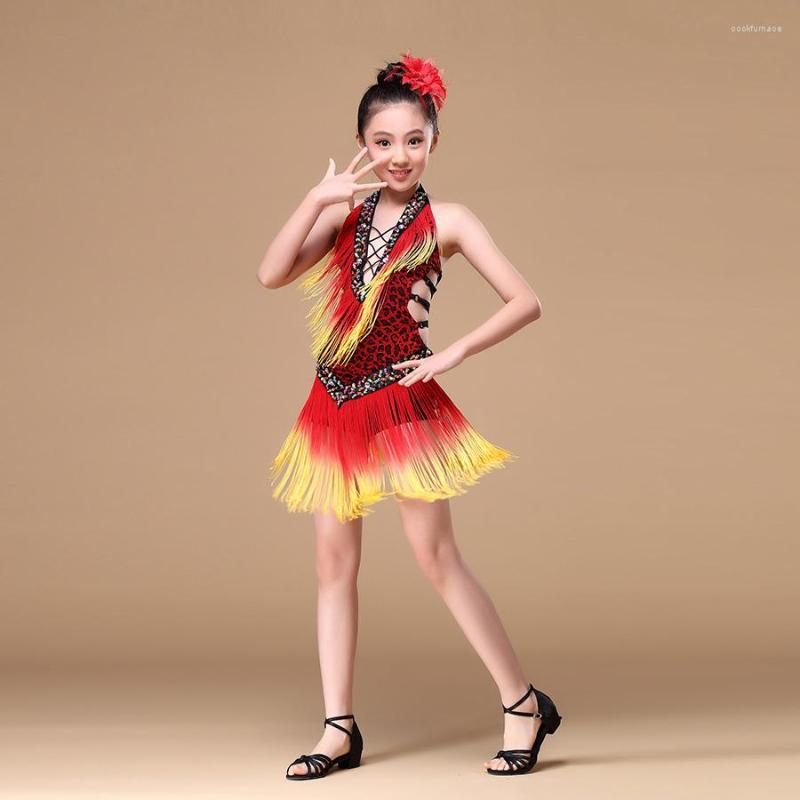 

Stage Wear 8-15 Years Performance Children Dance Outfit V-neck With Beads Backless Tassel Fringe Competition Latin Dress For Girls, Picture shown