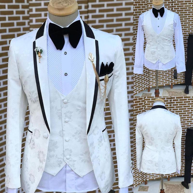 

Men's Suits White Jacquard Men Suit 3 Pieces Blazer Vest Black Pants Slim Fit One Button Fashion Wedding Groom Work Wear Causal Tailored, Khaki