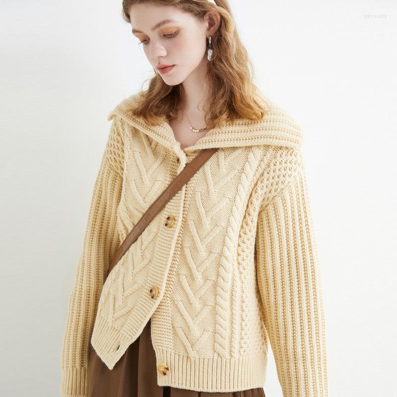 

Women' Knits Autumn Winter Turn Down Collar Knitted Sweater Womens Solid Color Blue Outerwear Thick Warm Fashion Twist Cardigan Vintage