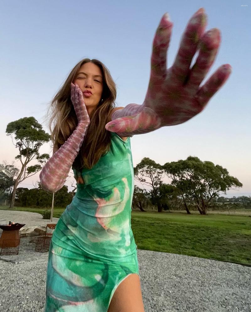 

Casual Dresses Women Slim Fit Midi Dress Tie Dye Printed Sleeveless Round Neck Design Side High Waist Slit Versatile Long, Green