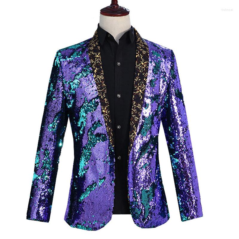 

Men's Suits Assorted Colors Men Shawl Collar Sequin Suit Jacket Open Placket Stage Performance Host DJ Costume Mens Paillette Blazers, Blue