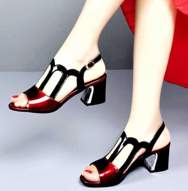 

Dress Shoes Square Heels Women Sandals Peep Toe Pumps Summer Mid Heel Ankle Buckle Hollow Out Female Footware Sandalias De Mujer, Red