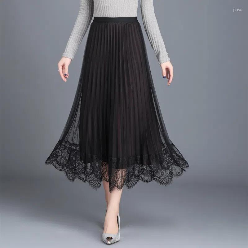 

Skirts Pleated Gauze Patchwork Women Spring Autumn High Waist Female Korean Fashion Harajuku Elegant Midi Skirt Loose Casual, Black