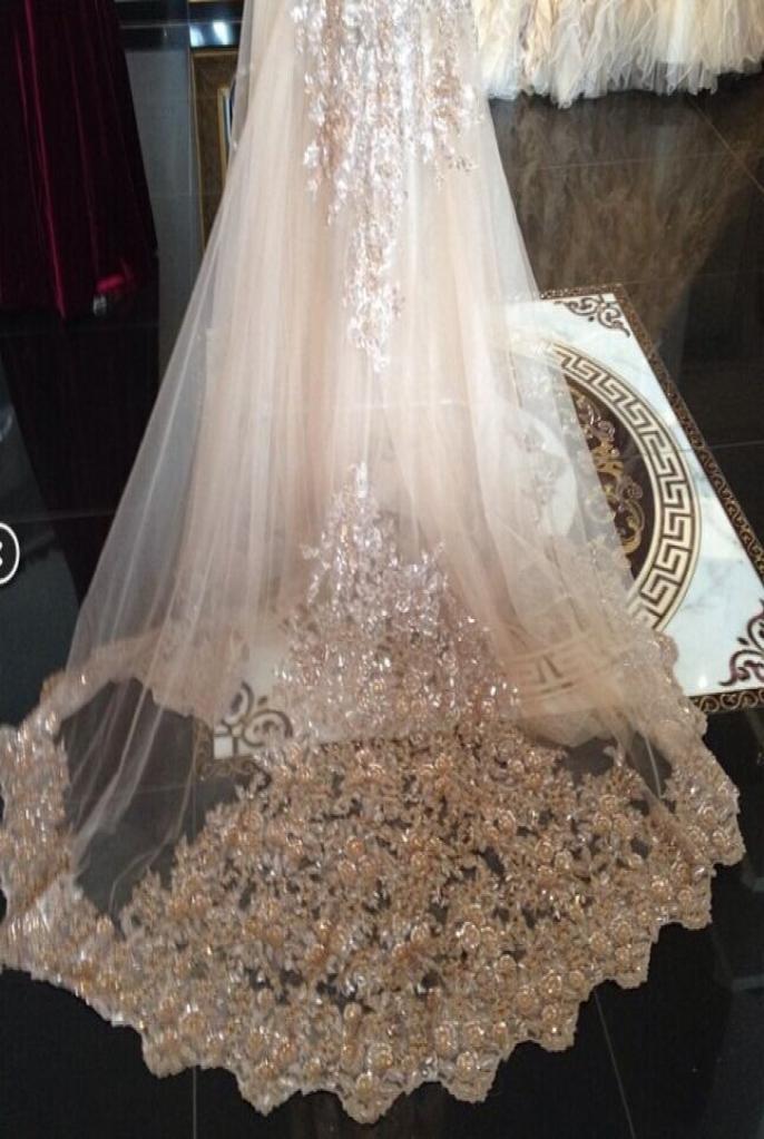 

In Stock Wedding Veils Sequin Luxury Cathedral Bridal Veils Appliques Lace Edge White One Layers Custom Made Long Wedding Veil Fas6168218, Champagne