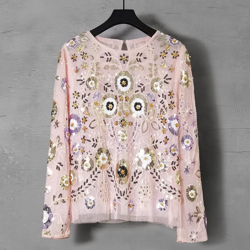 

Women's T Shirts Spring Women Vintage Lace Beaded Flower Pattern Hollow Out O-neck Sequined Long Sleeves Pink Clothes 22109