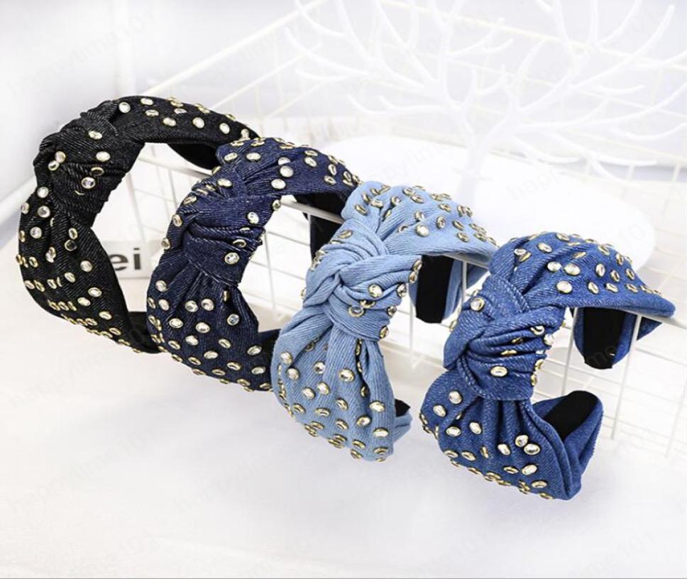 

New Fashion Women Headband Shining Rhinestone Hairband Blue Denim Cloth Headwear Hair Accessories Whole9527584