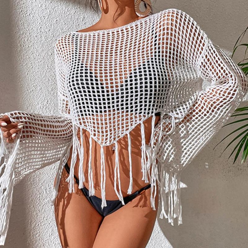 

Women's Swimwear Sexy Bikini Cover-Up O-neck Flared Long Sleeve Tassel Loose Top Crochet Knitted See-Through Net Sunscreen Blouse Female Clo, White