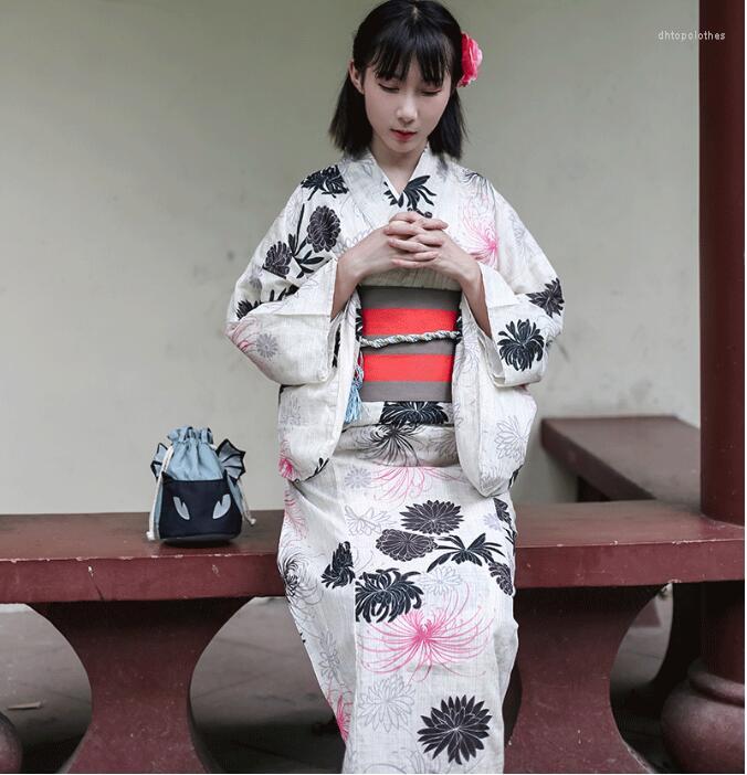 

Ethnic Clothing Japanese Standard Kimono Bathrobe Suits Traditional Summer Sacrifice Dress Lady Linen Formal Modified Version Beige Blue