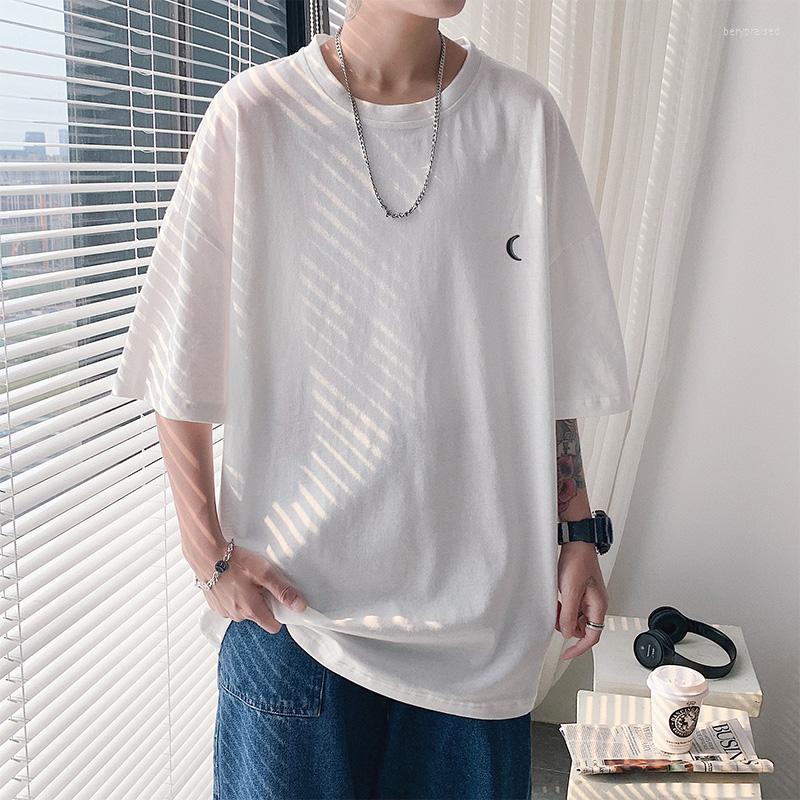 

Men's T Shirts Plain Oversized Shirt Summer Cotton Men Loose Casual Lifestyle Wear Moon Embroidery T-shirt Male Streetwear Hip-Hop Tops, Blue