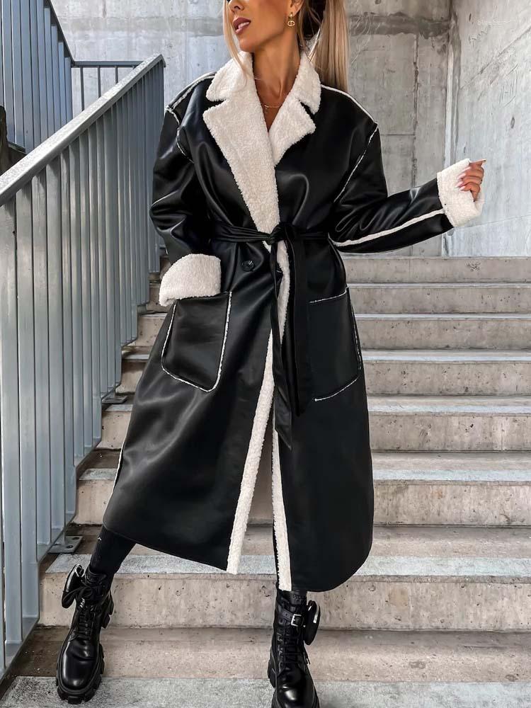 

Women's Leather 2023 Winter PU Faux Coat Women Long Jacket Black Thick Warm Coats For, Beige