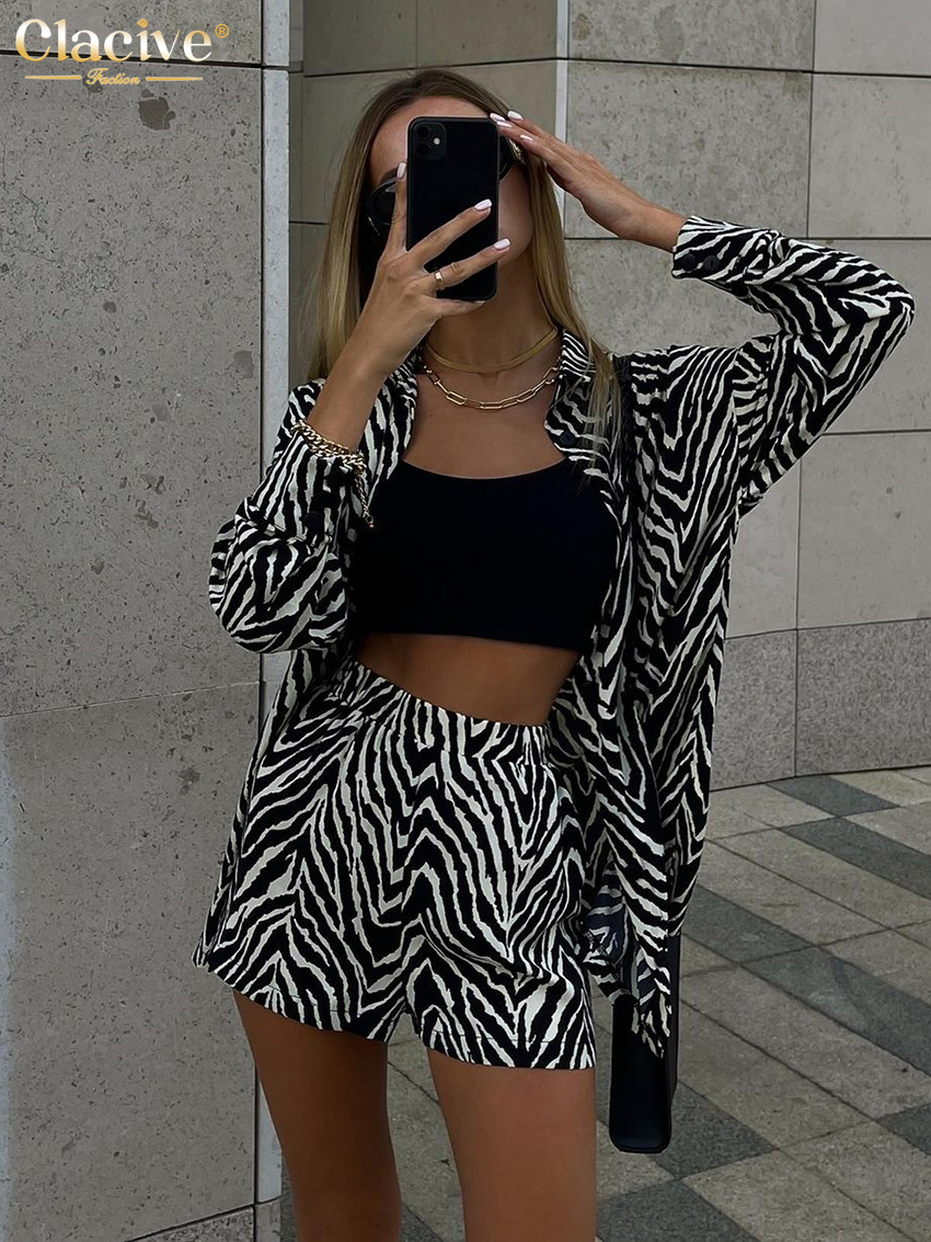 

Womens Two Piece Pants Clacive Fashion Print WomenS Suit Casual Loose Shorts Set Elegant Long Sleeve Blouse Matching Shorts Set Woman 2 Pieces 230316, Black