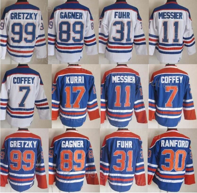 

Men CCM Hockey Retro 31 Grant Fuhr Jersey Vintage Classic 99 Wayne Gretzky 11 Mark Messier 30 Bill Ranford 7 Paul Coffey 89 Sam Gagner 17 Ja, Blue