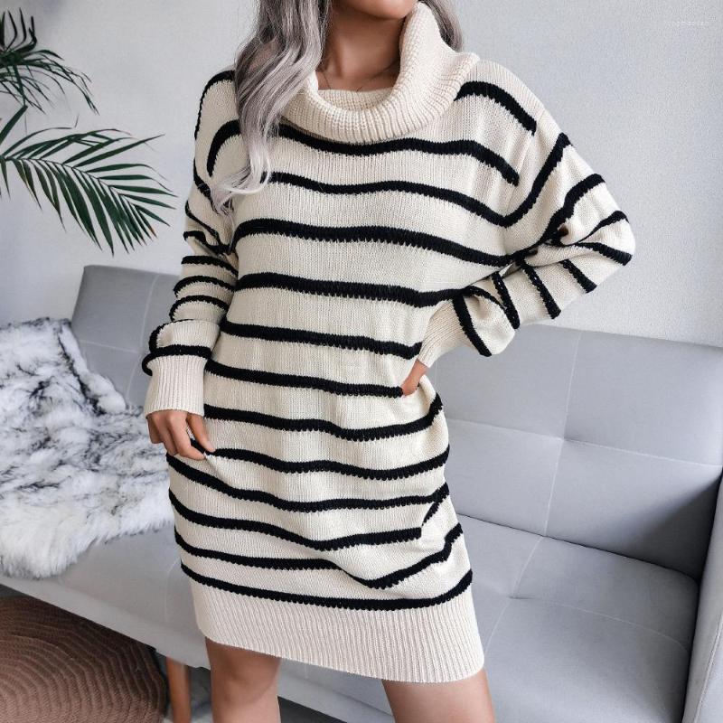 

Casual Dresses Tossy Women Striped Knitted Dress Long Sleeve Turtleneck Elegant Sweaters Female Autumn Winter Loose Basic Outwears 2023, Gray