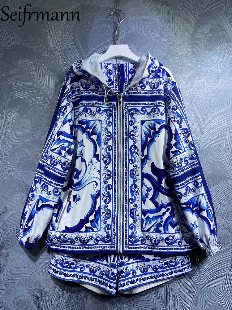 

Womens Two Piece Pants Seifrmann High Quality Autumn Women Fashion Runway Shorts Sets Blue And White Porcelain Hooded Coats High Waist Short Suits 230316