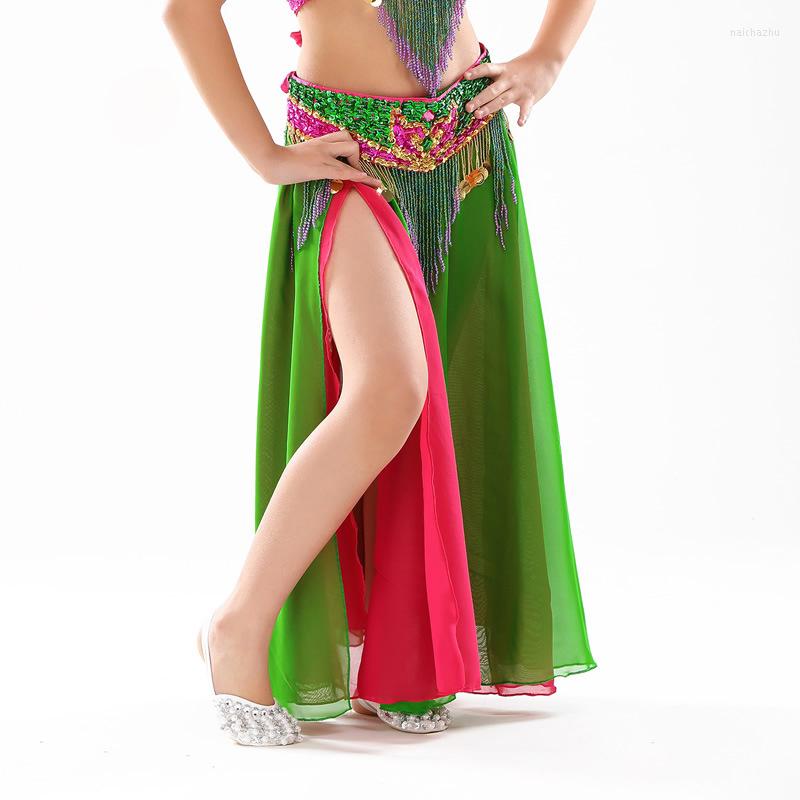 

Stage Wear Performance Kids Belly Dancing Clothes Flare Long Maxi Skirts Girls Chiffon Skirt Double Colored Dance For Children, Green