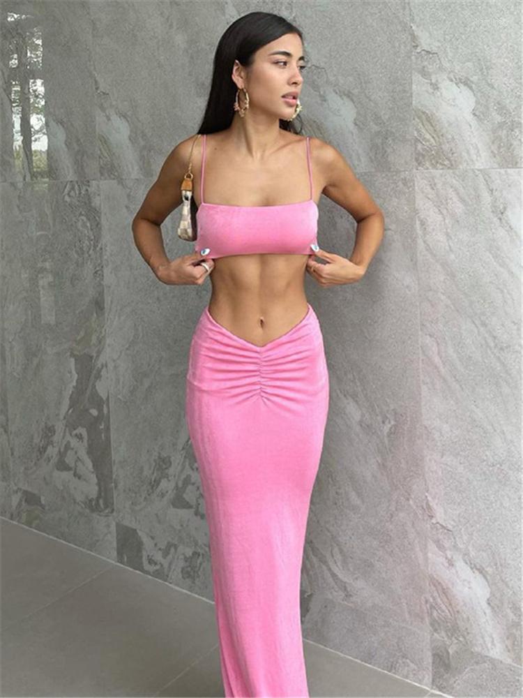 

Casual Dresses Tossy Holiday Party 2 Pieces Dress Set Sexy Summer Spaghetti Strap Top And High Waist Skirt Club Outfits Backless Midi, Green