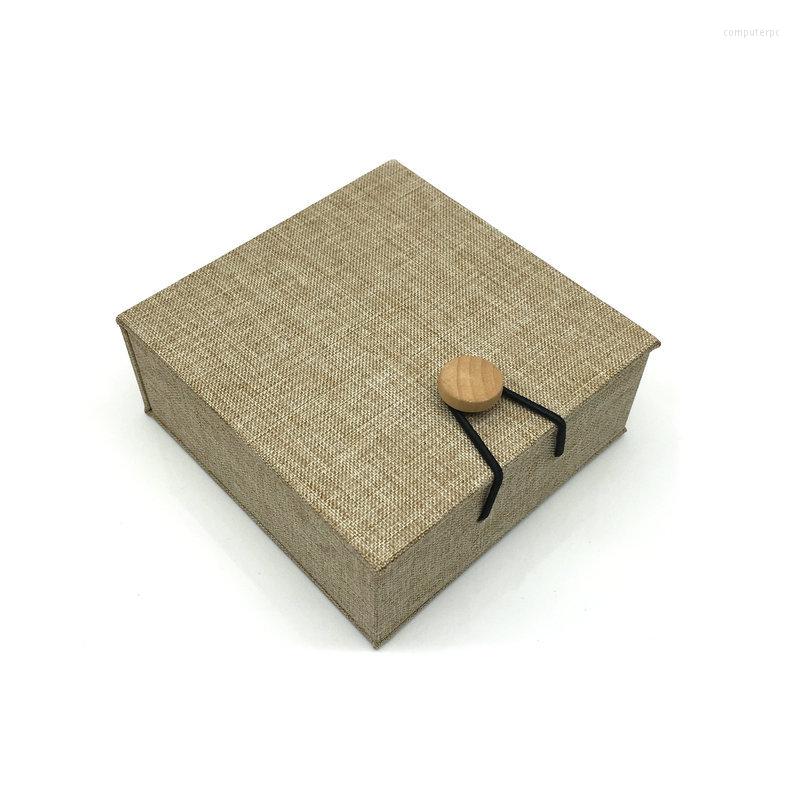 

Jewelry Pouches Square Wooden Buckle Linen Gift Box Necklace Pendant Storage Display B- 080