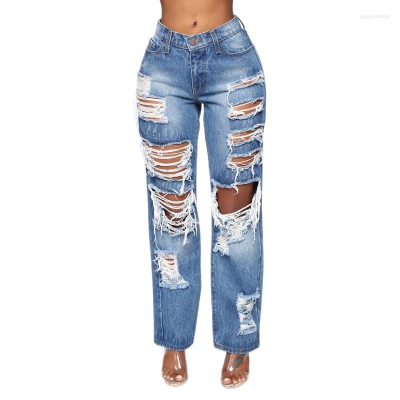 

Women' Jeans Straight Pant Fashion Hole In Knee Woman Loose Boyfriend Lady Streetwear Cut Out Ripped Denim Trouser Pantalones Mujeres, Blue