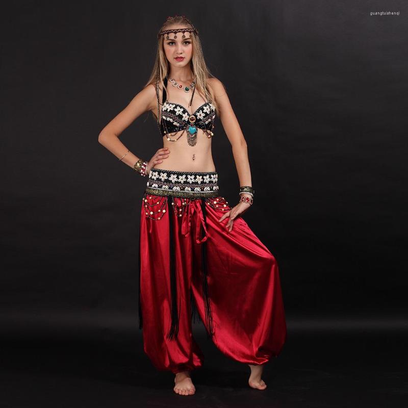 

Stage Wear Size S-XL Belly Dancing Clothes Tribal 2pcs Set Coins Bra Tassel Hip Scarf Dance Costume Pants, Bra and belt